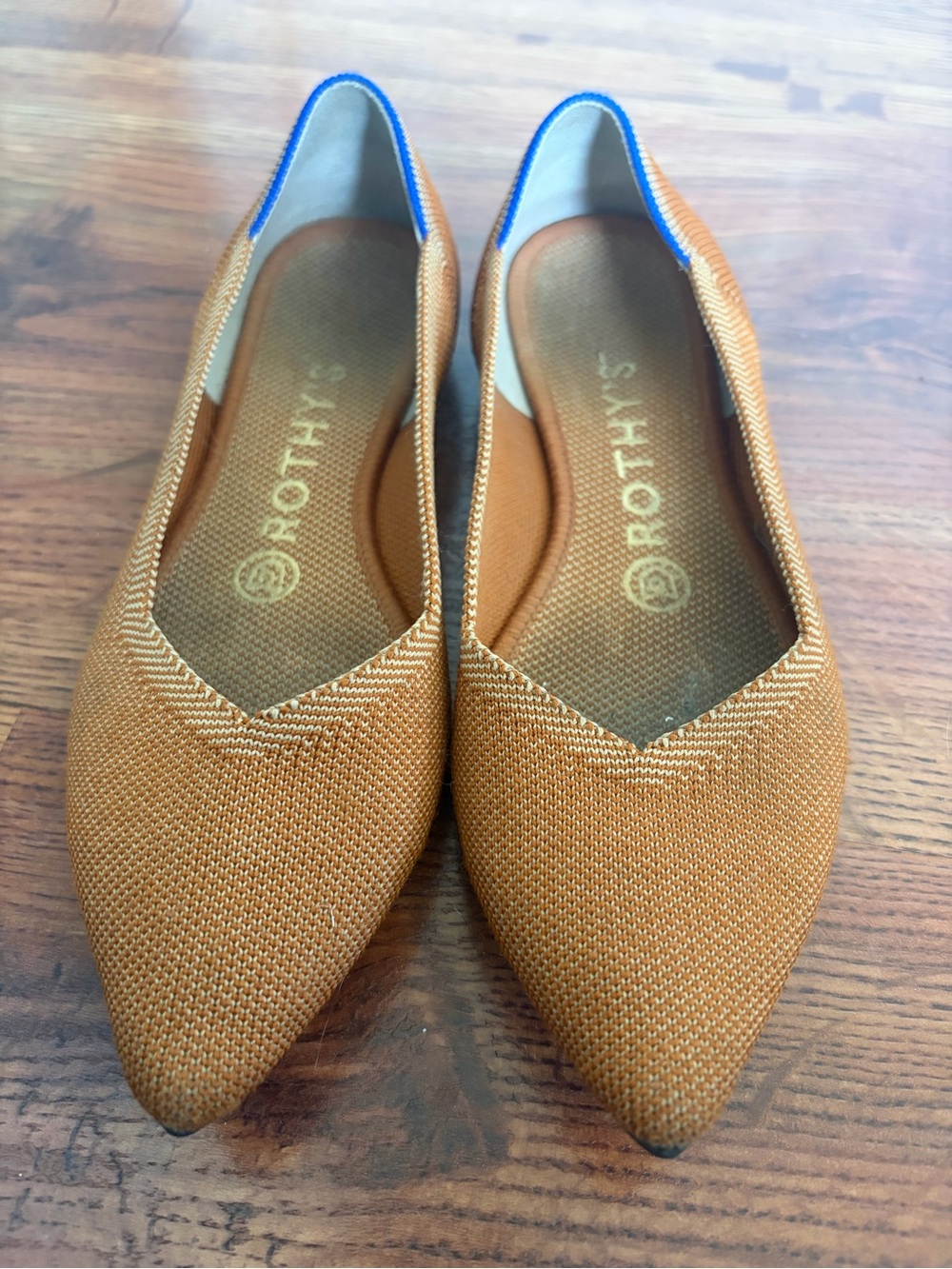 Rothy's Pointed Knit Flats in Camel with Blue Trim